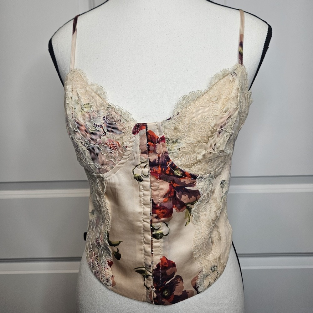 Bailey Rose Women's Corset Top Floral Satin Lace Trim Strappy Size Small